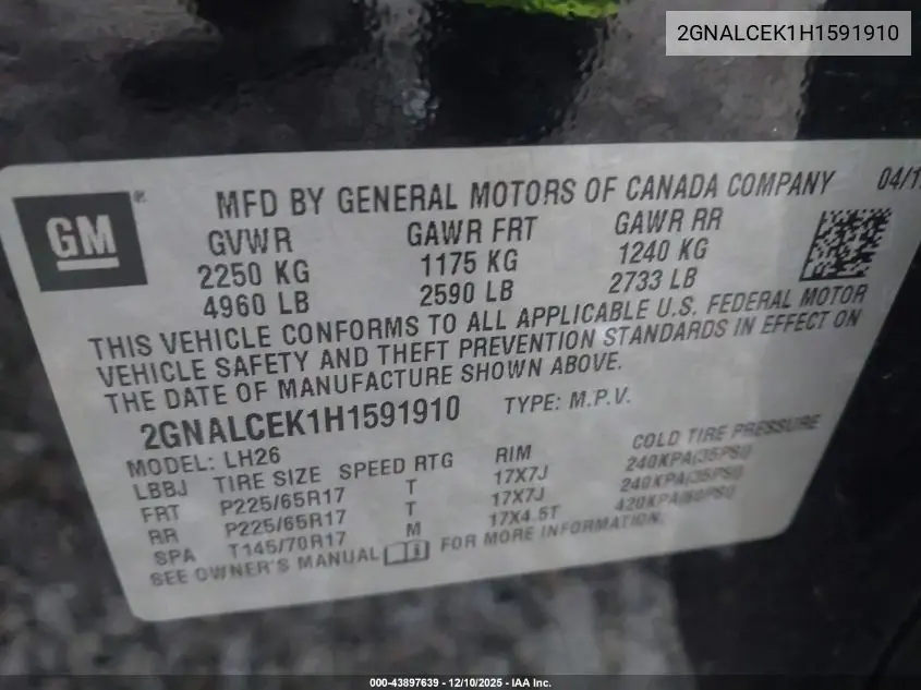2GNALCEK1H1591910 2017 Chevrolet Equinox Lt