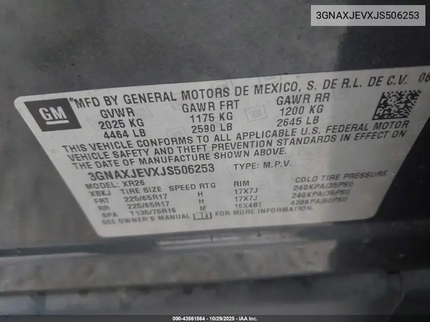 3GNAXJEVXJS506253 2018 Chevrolet Equinox Lt
