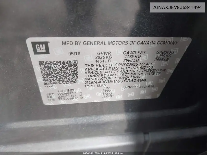2GNAXJEV8J6341494 2018 Chevrolet Equinox Lt