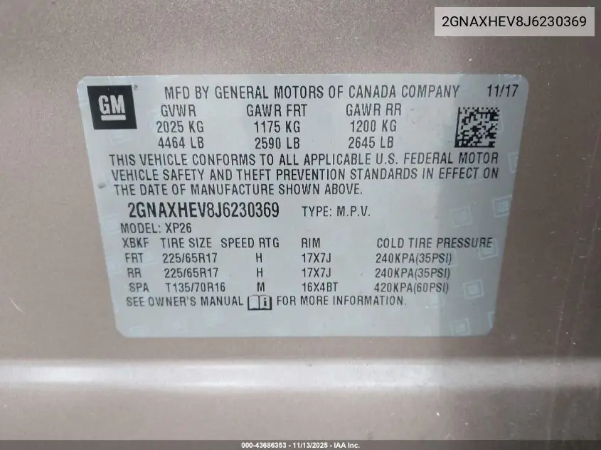 2GNAXHEV8J6230369 2018 Chevrolet Equinox Ls