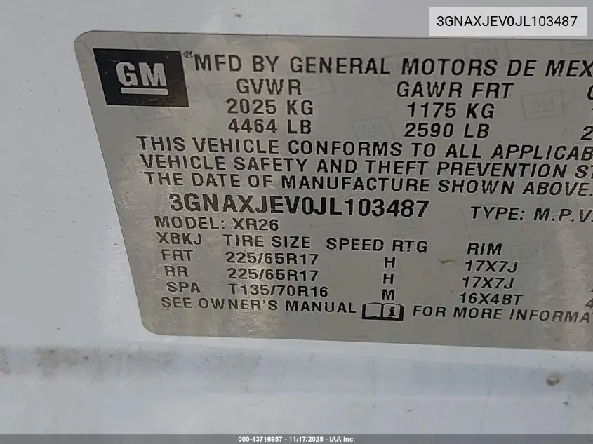 3GNAXJEV0JL103487 2018 Chevrolet Equinox Lt