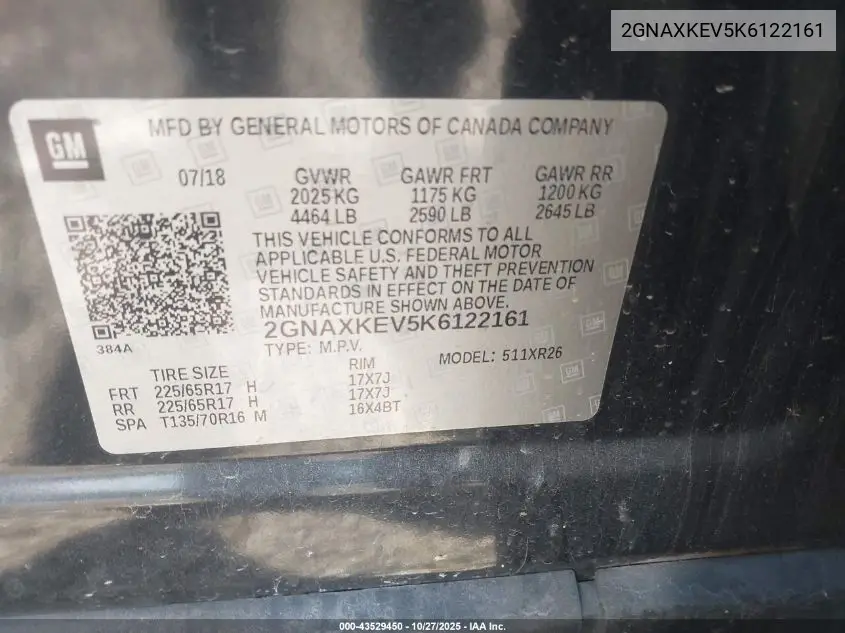 2GNAXKEV5K6122161 2019 Chevrolet Equinox Lt