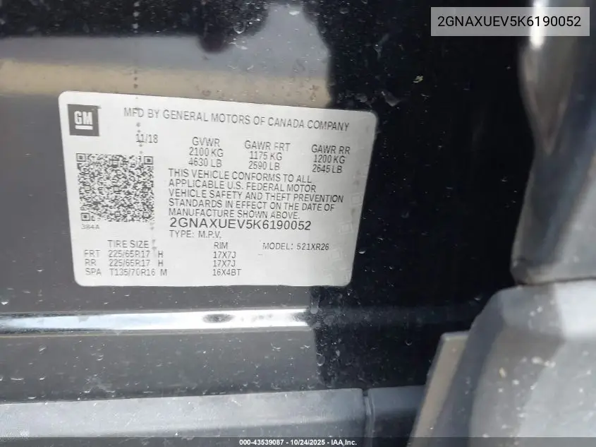 2GNAXUEV5K6190052 2019 Chevrolet Equinox Lt