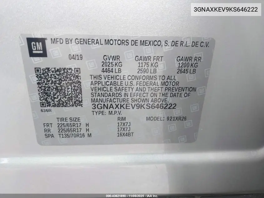 3GNAXKEV9KS646222 2019 Chevrolet Equinox Lt