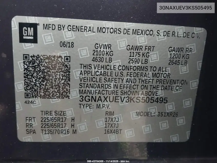 3GNAXUEV3KS505495 2019 Chevrolet Equinox Lt