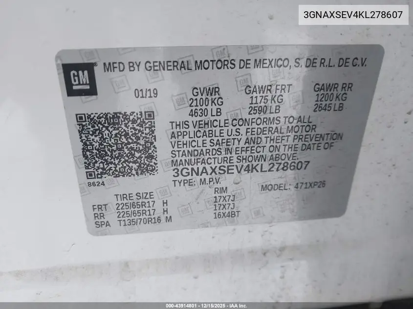 3GNAXSEV4KL278607 2019 Chevrolet Equinox Ls