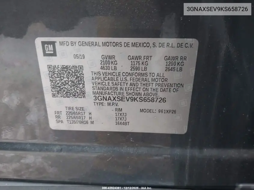 3GNAXSEV9KS658726 2019 Chevrolet Equinox Ls