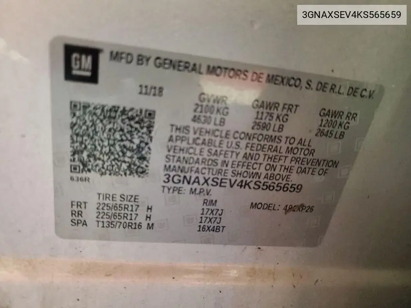 3GNAXSEV4KS565659 2019 Chevrolet Equinox Ls