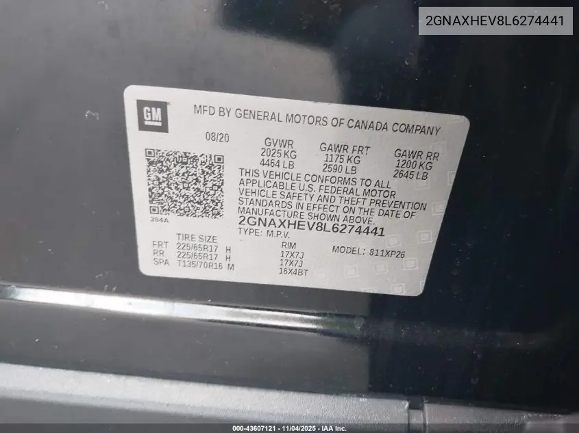 2GNAXHEV8L6274441 2020 Chevrolet Equinox Fwd Ls