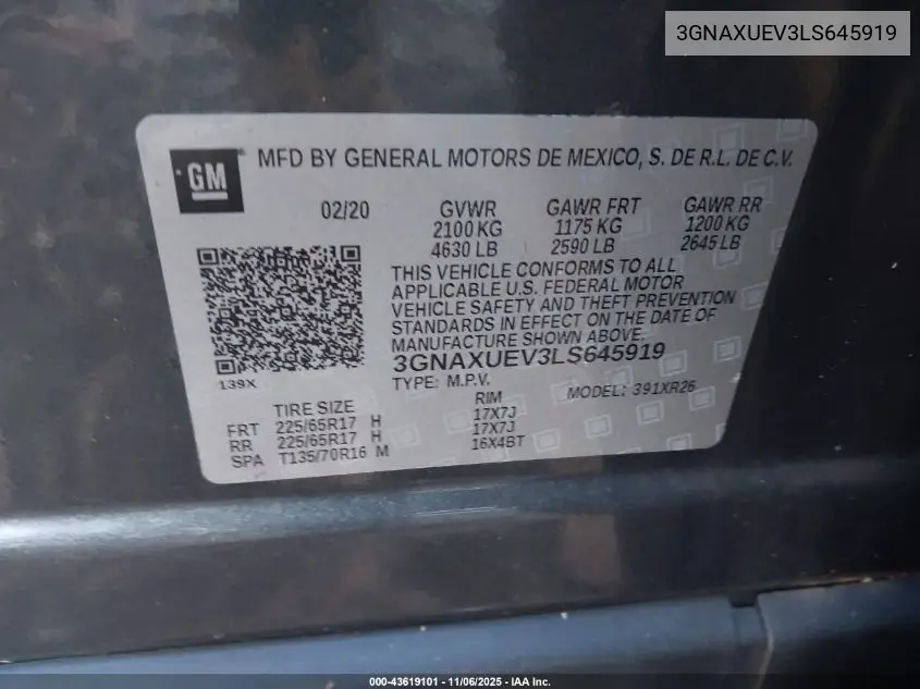 3GNAXUEV3LS645919 2020 Chevrolet Equinox Awd Lt 1.5L Turbo