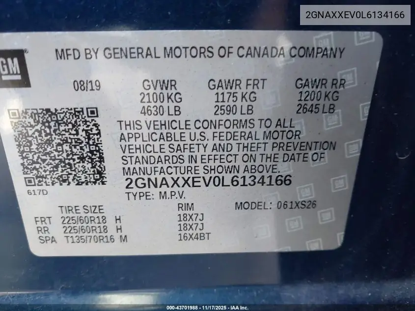 2GNAXXEV0L6134166 2020 Chevrolet Equinox Awd Premier 1.5L Turbo