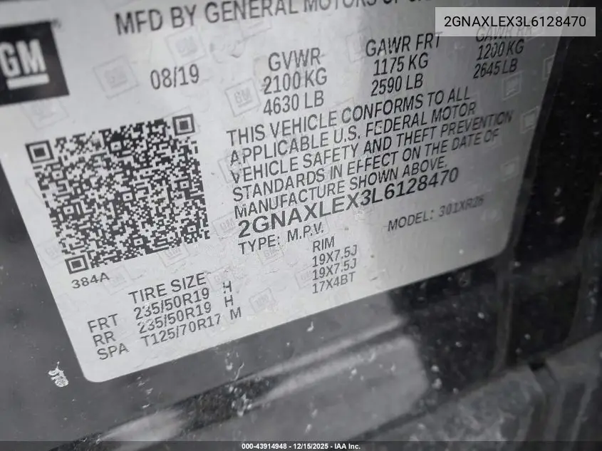 2GNAXLEX3L6128470 2020 Chevrolet Equinox Fwd Lt 2.0L Turbo