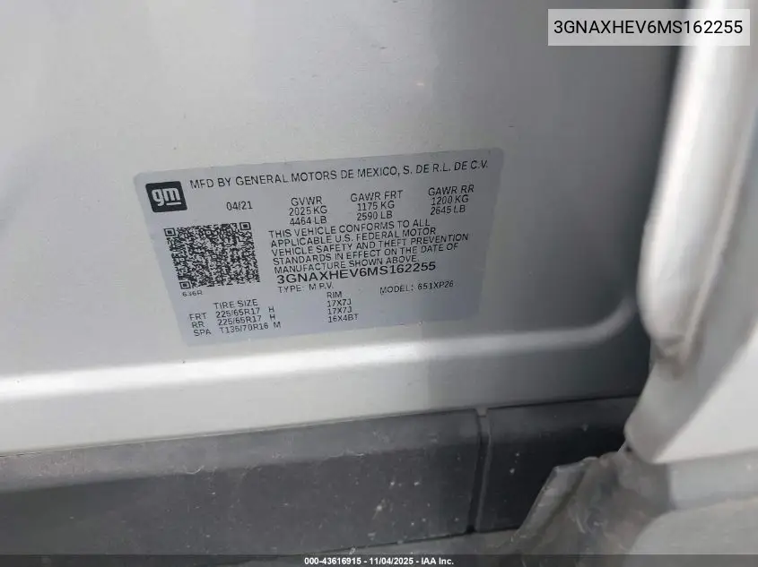 3GNAXHEV6MS162255 2021 Chevrolet Equinox Fwd Ls