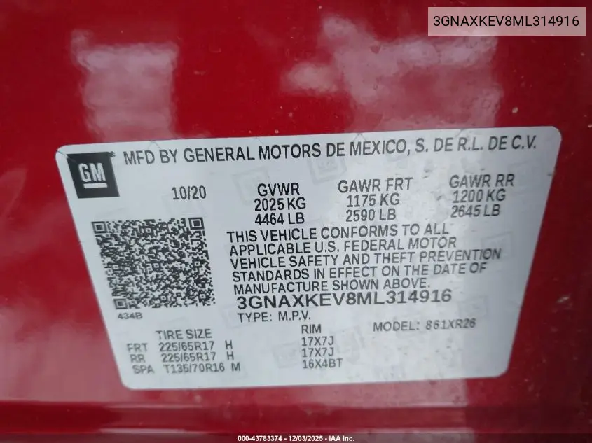 3GNAXKEV8ML314916 2021 Chevrolet Equinox Fwd Lt