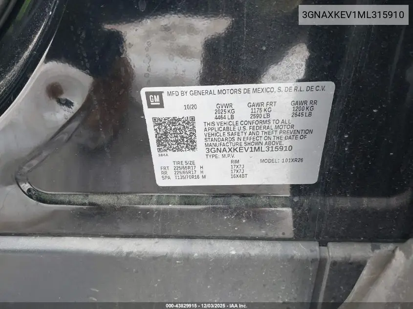 3GNAXKEV1ML315910 2021 Chevrolet Equinox Fwd Lt