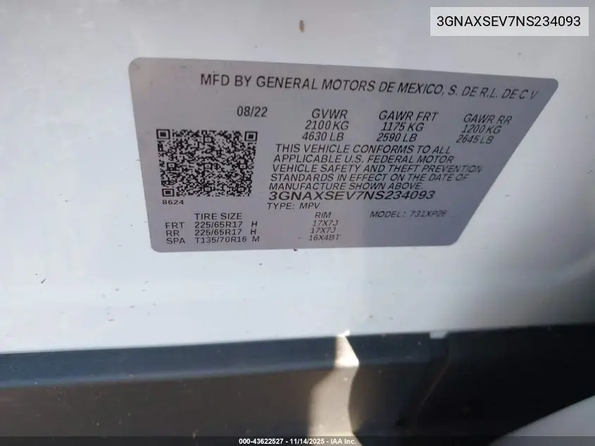 3GNAXSEV7NS234093 2022 Chevrolet Equinox Awd Ls