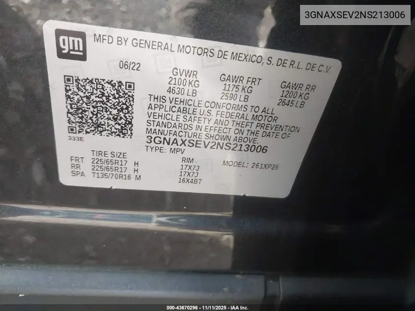 3GNAXSEV2NS213006 2022 Chevrolet Equinox Awd Ls