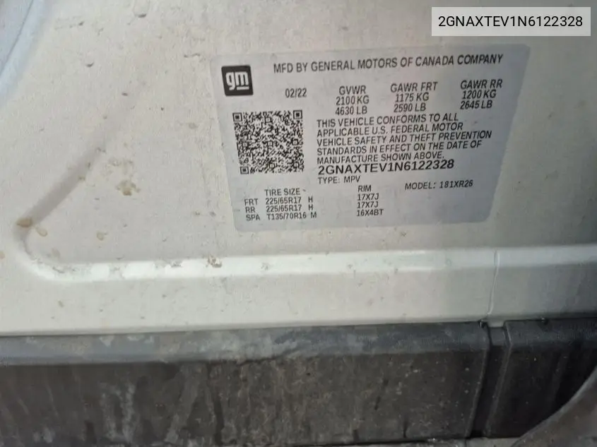 2GNAXTEV1N6122328 2022 Chevrolet Equinox Awd 2Fl
