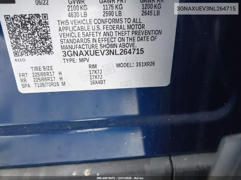 3GNAXUEV3NL264715 2022 Chevrolet Equinox Awd Lt