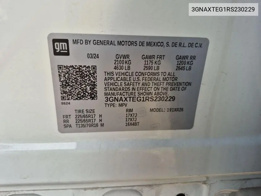3GNAXTEG1RS230229 2024 Chevrolet Equinox Awd 2Fl
