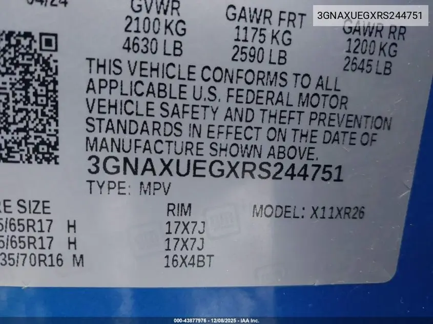 3GNAXUEGXRS244751 2024 Chevrolet Equinox Awd Lt