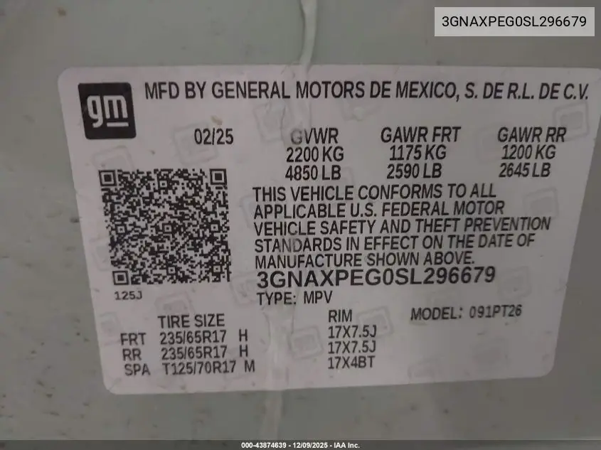 3GNAXPEG0SL296679 2025 Chevrolet Equinox Awd Lt