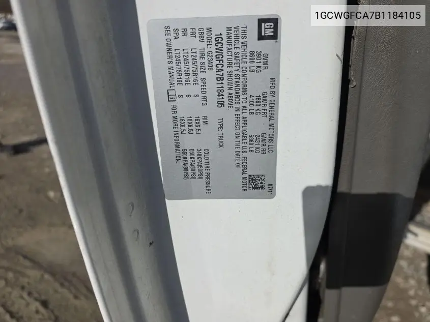 1GCWGFCA7B1184105 2011 Chevrolet Express 2500 Work Van