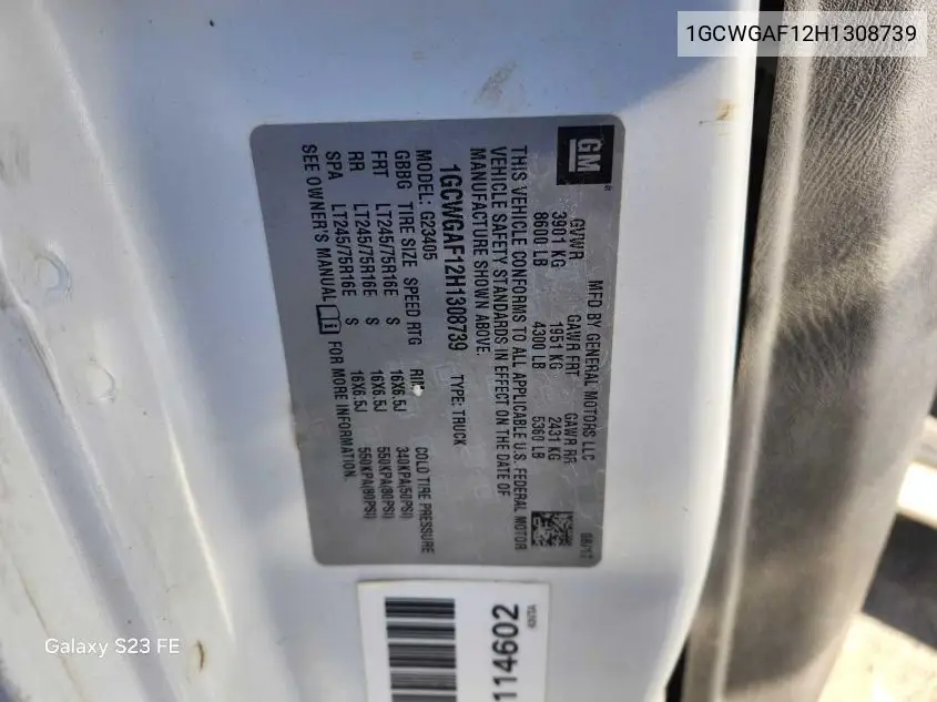 1GCWGAF12H1308739 2017 Chevrolet Express 2500 Work Van