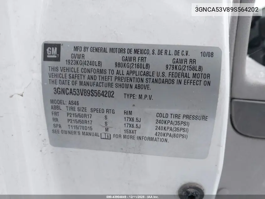 3GNCA53V89S564202 2009 Chevrolet Hhr Lt
