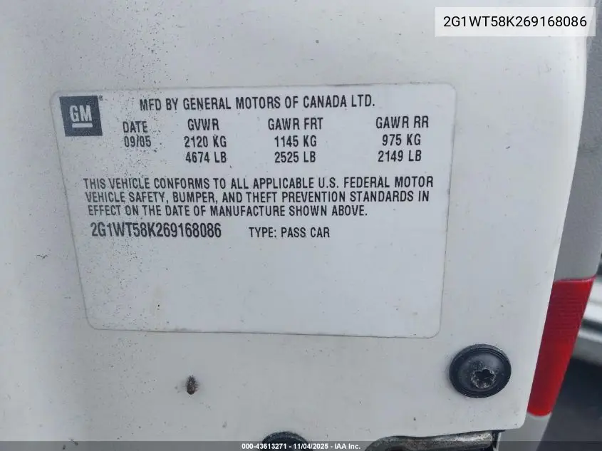 2G1WT58K269168086 2006 Chevrolet Impala Lt