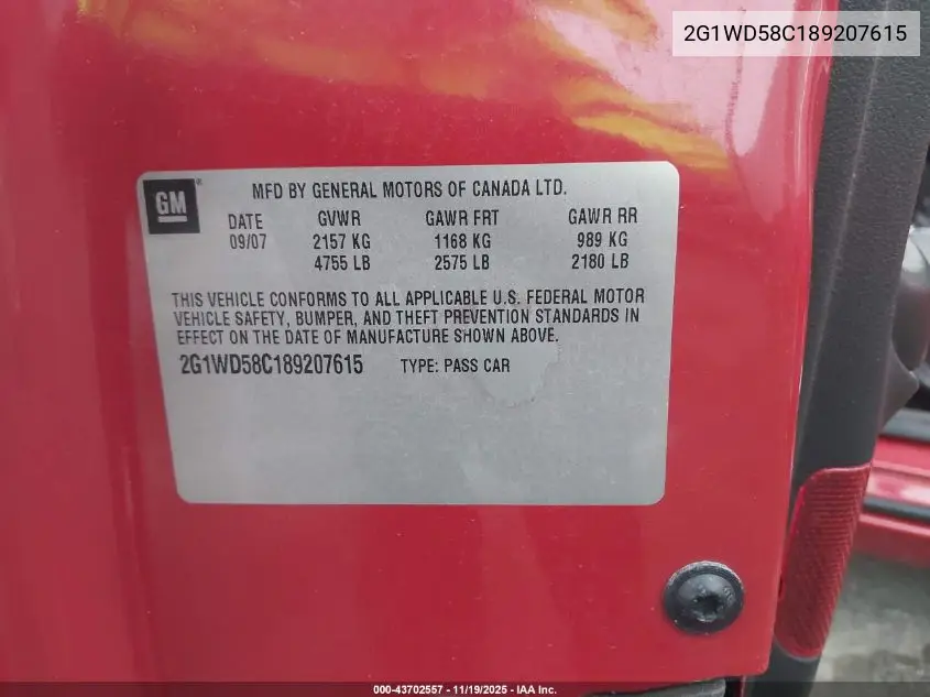 2G1WD58C189207615 2008 Chevrolet Impala Ss