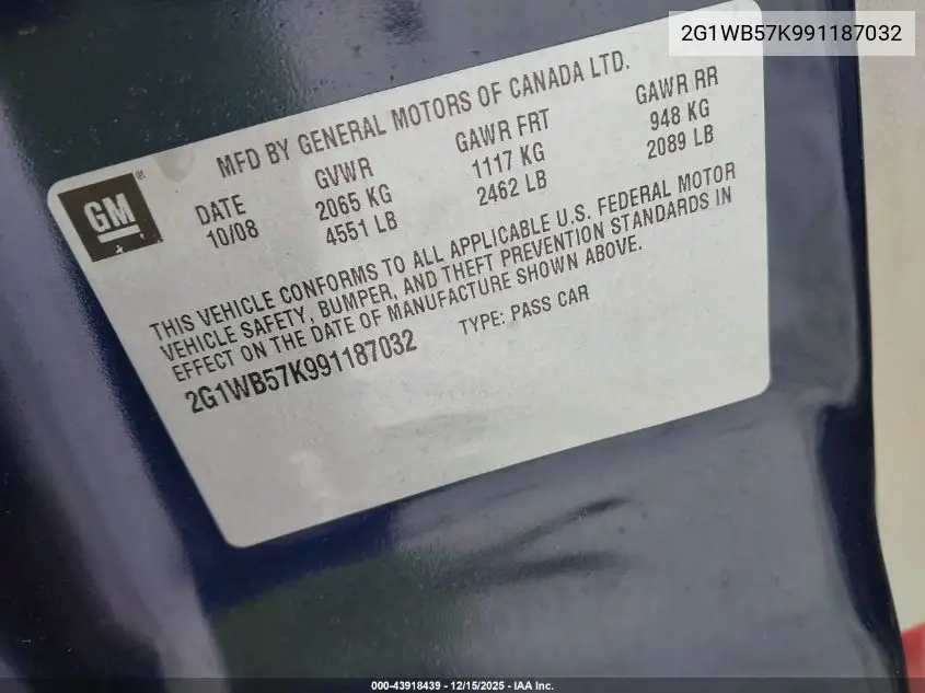 2G1WB57K991187032 2009 Chevrolet Impala Ls