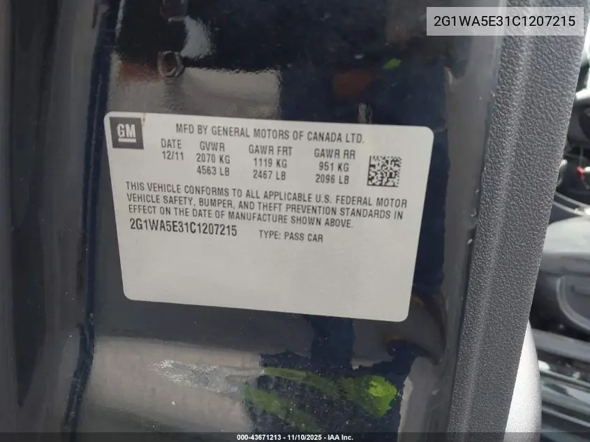 2G1WA5E31C1207215 2012 Chevrolet Impala Ls