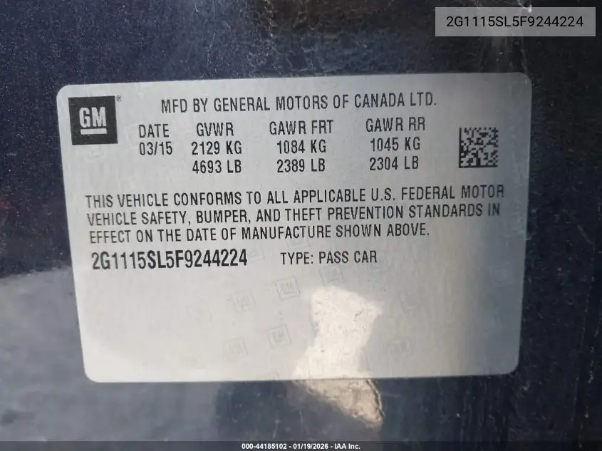 2G1115SL5F9244224 2015 Chevrolet Impala 1Lt