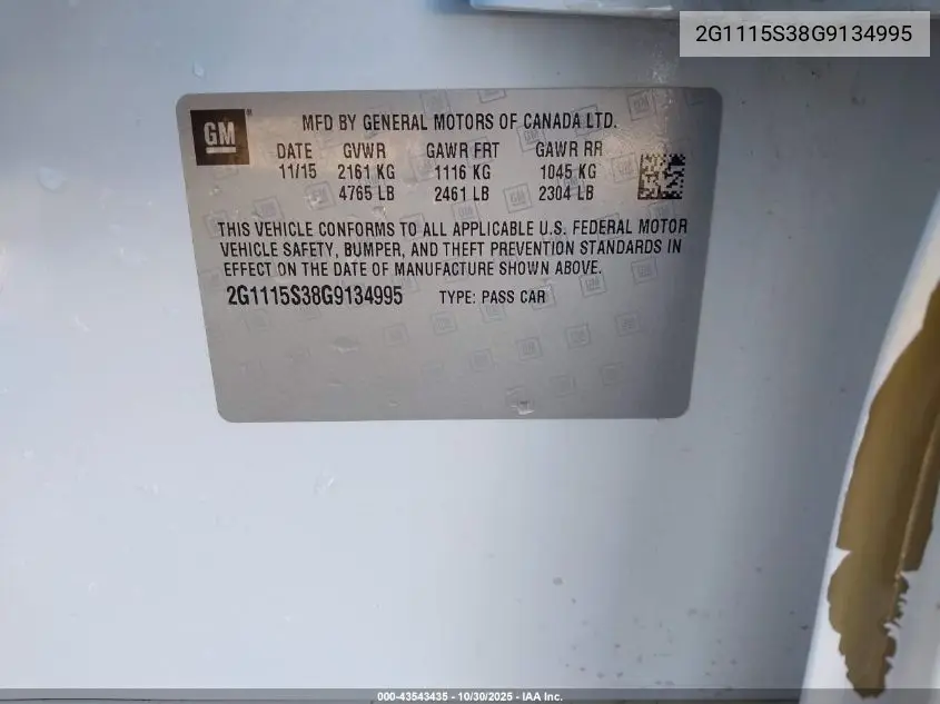 2G1115S38G9134995 2016 Chevrolet Impala 2Lt