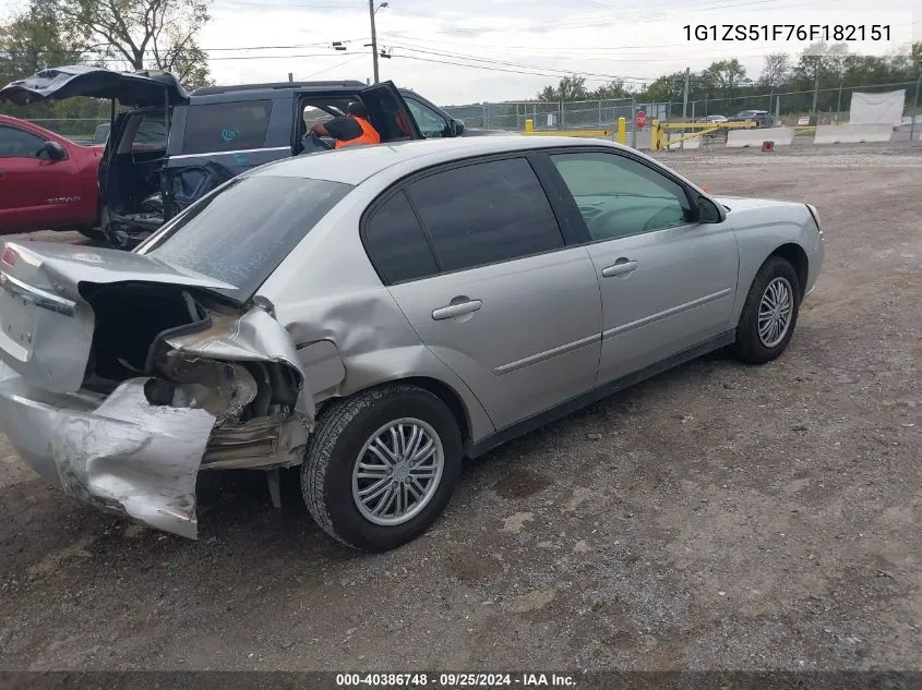 2006 Chevrolet Malibu Ls VIN: 1G1ZS51F76F182151 Lot: 40386748