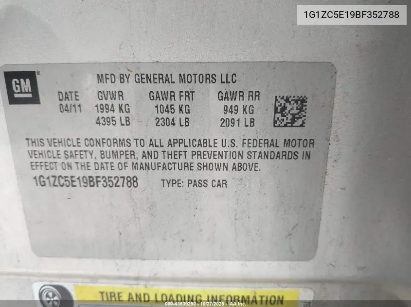 1G1ZC5E19BF352788 2011 Chevrolet Malibu 1Lt