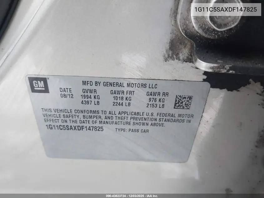 1G11C5SAXDF147825 2013 Chevrolet Malibu 1Lt