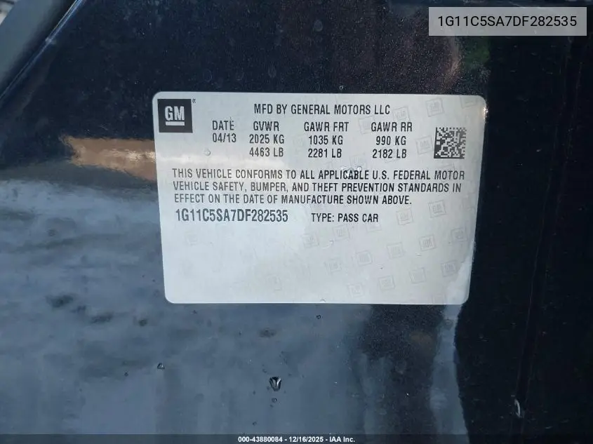 1G11C5SA7DF285535 2013 Chevrolet Malibu 1Lt