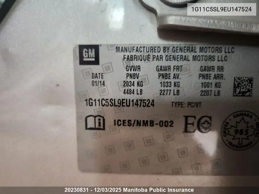1G11C5SL9EU147524 2014 Chevrolet Malibu Lt
