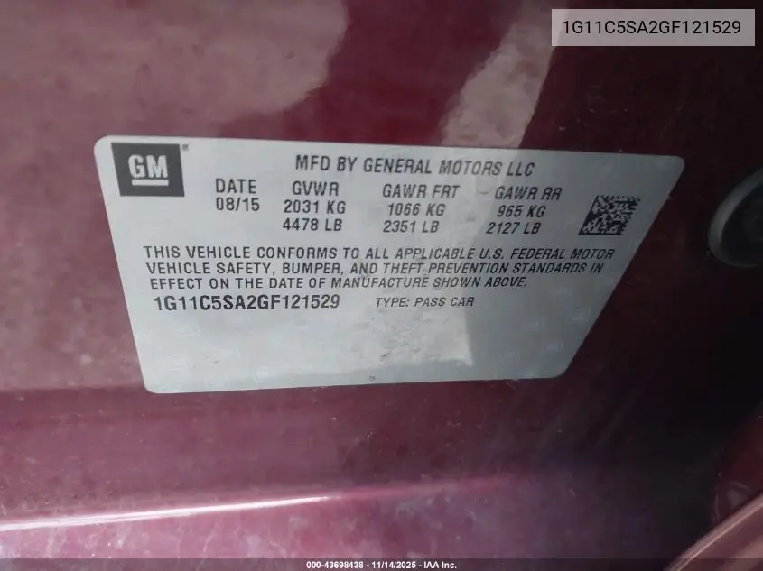 1G11C5SA2GF121529 2016 Chevrolet Malibu Limited Lt