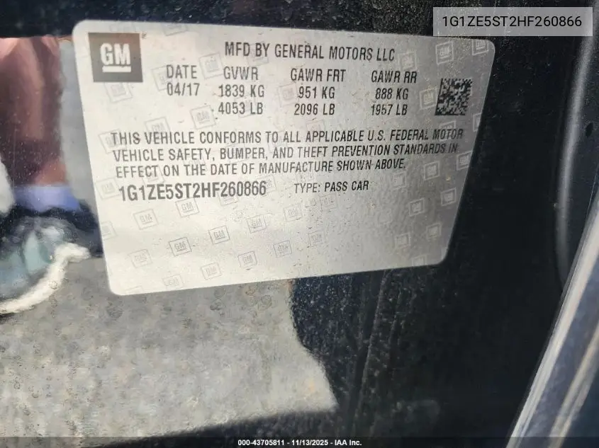 1G1ZE5ST2HF260866 2017 Chevrolet Malibu 1Lt