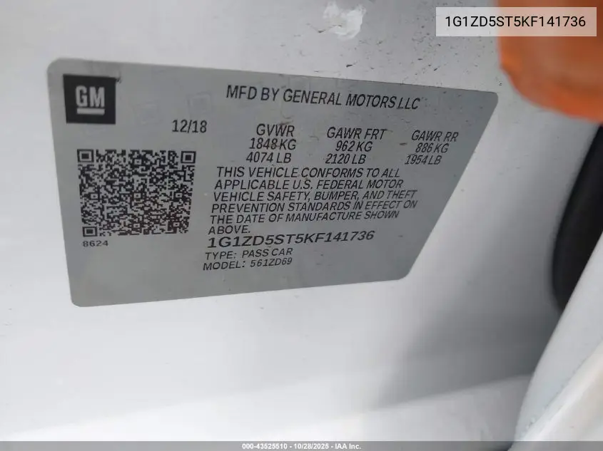 1G1ZD5ST5KF141736 2019 Chevrolet Malibu Lt