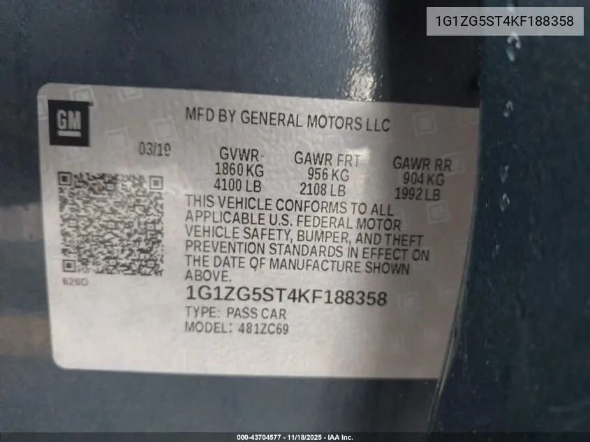 1G1ZG5ST4KF188358 2019 Chevrolet Malibu Rs