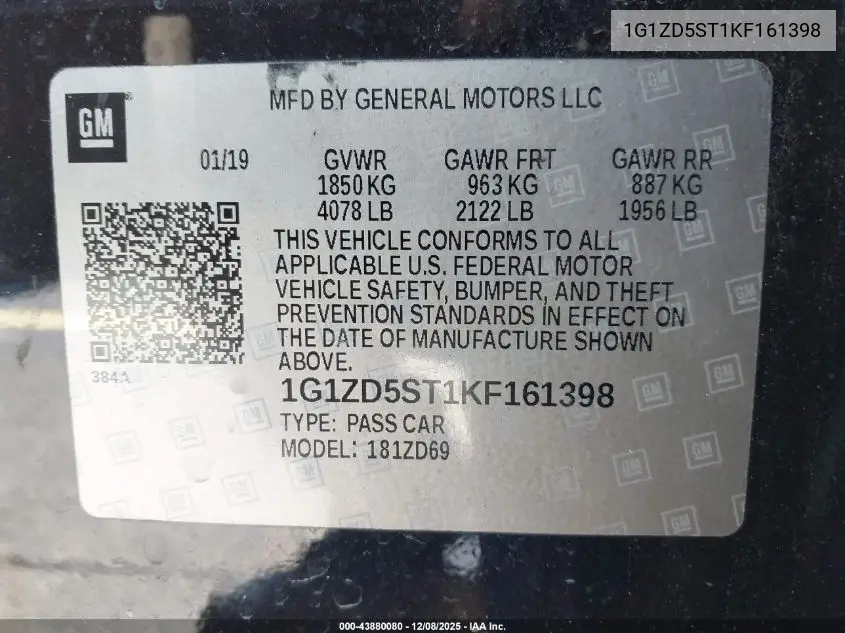1G1ZD5ST1KF161398 2019 Chevrolet Malibu Lt