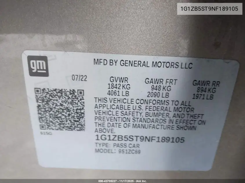 1G1ZB5ST9NF189105 2022 Chevrolet Malibu Fwd Ls