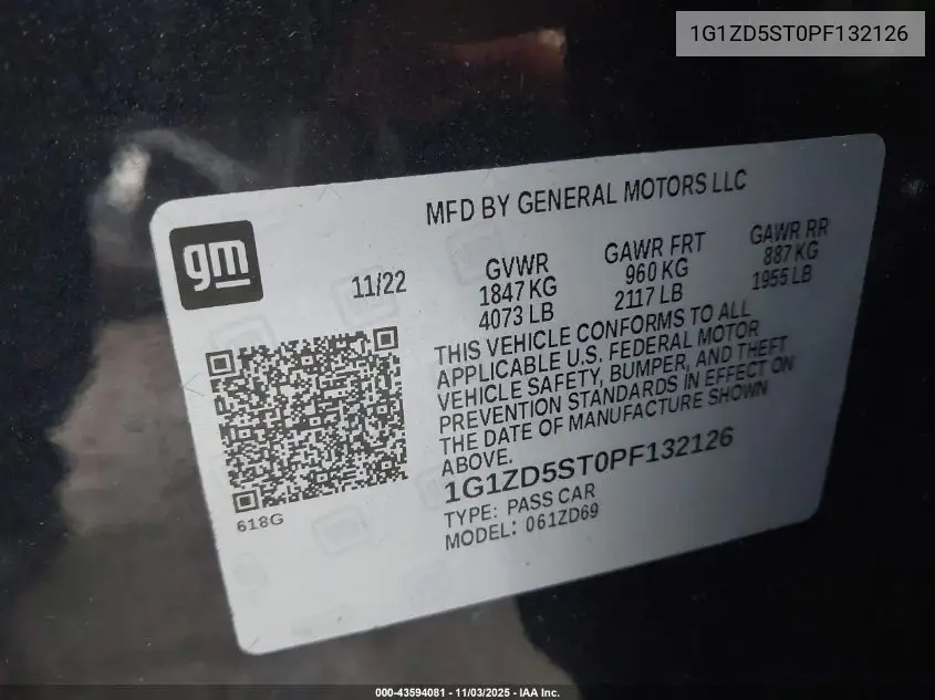 1G1ZD5ST0PF132126 2023 Chevrolet Malibu Fwd 1Lt