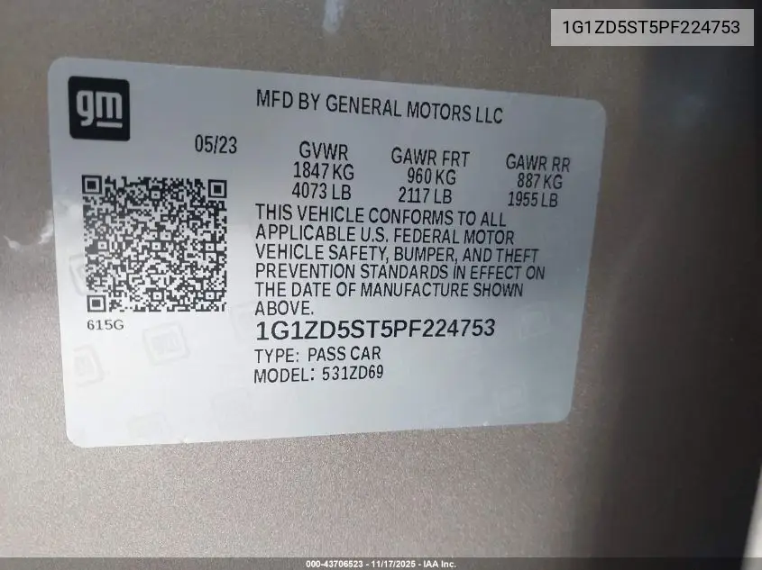 1G1ZD5ST5PF224753 2023 Chevrolet Malibu Fwd 1Lt