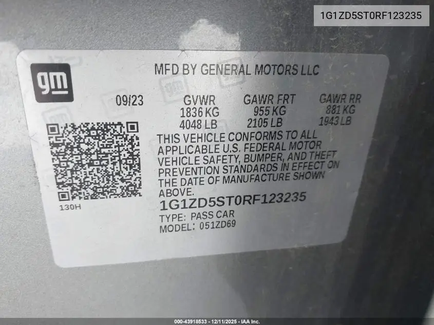 1G1ZD5ST0RF123235 2024 Chevrolet Malibu Fwd 1Lt