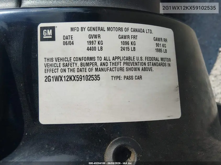 2005 Chevrolet Monte Carlo Lt VIN: 2G1WX12KX59102535 Lot: 45284188